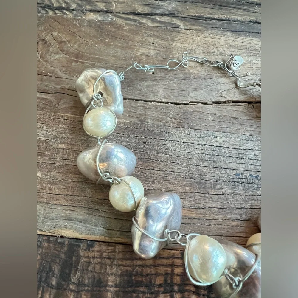 Abra Couture Silver Rock  & faux pearl  Necklace Silver Wire Handmade 14